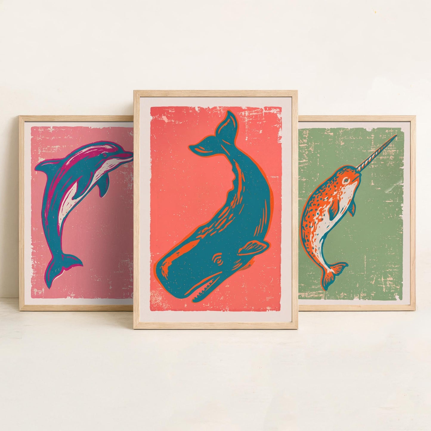 Dolphin, Narwhal & Sperm Whale Set of Three Art Prints - Linocut Ocean Illustrations - Sea Life Triptych Posters V2
