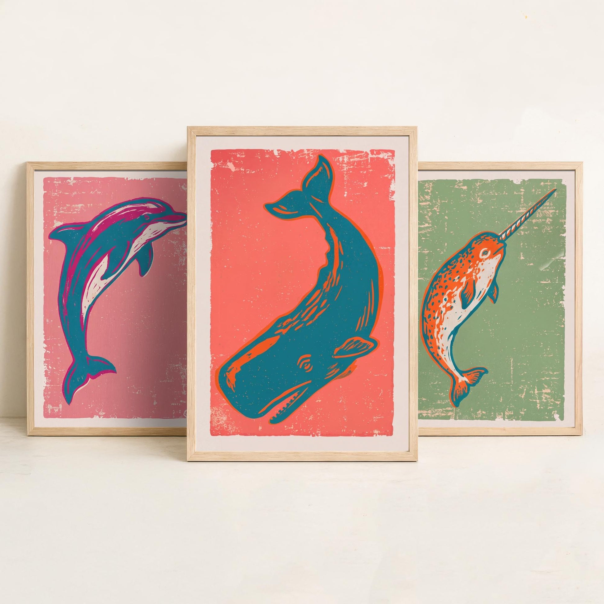Dolphin, Narwhal & Sperm Whale Set of Three Art Prints - Linocut Ocean Illustrations - Sea Life Triptych Posters V2