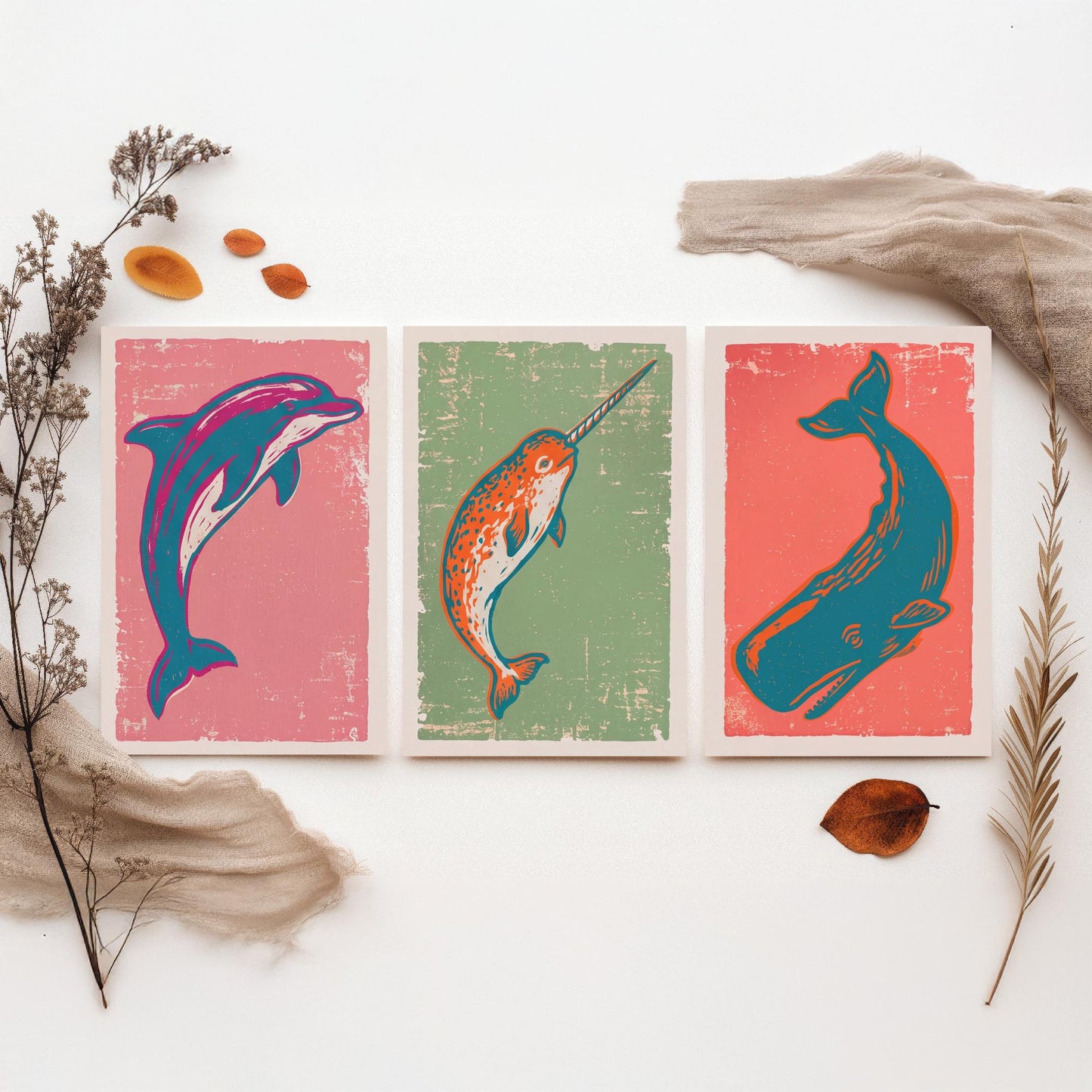 Dolphin, Narwhal & Sperm Whale Set of Three Art Prints - Linocut Ocean Illustrations - Sea Life Triptych Posters V2