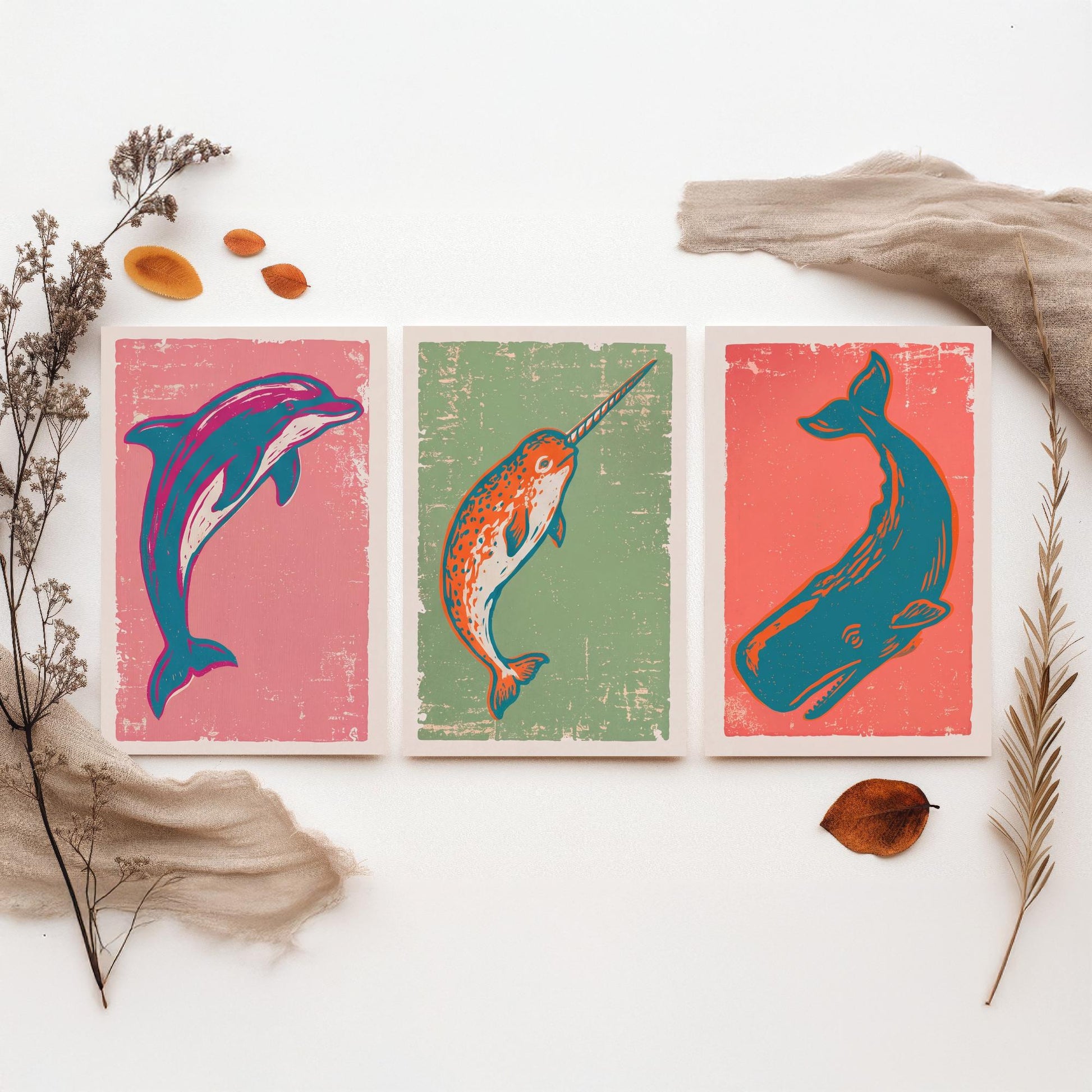 Dolphin, Narwhal & Sperm Whale Set of Three Art Prints - Linocut Ocean Illustrations - Sea Life Triptych Posters V2