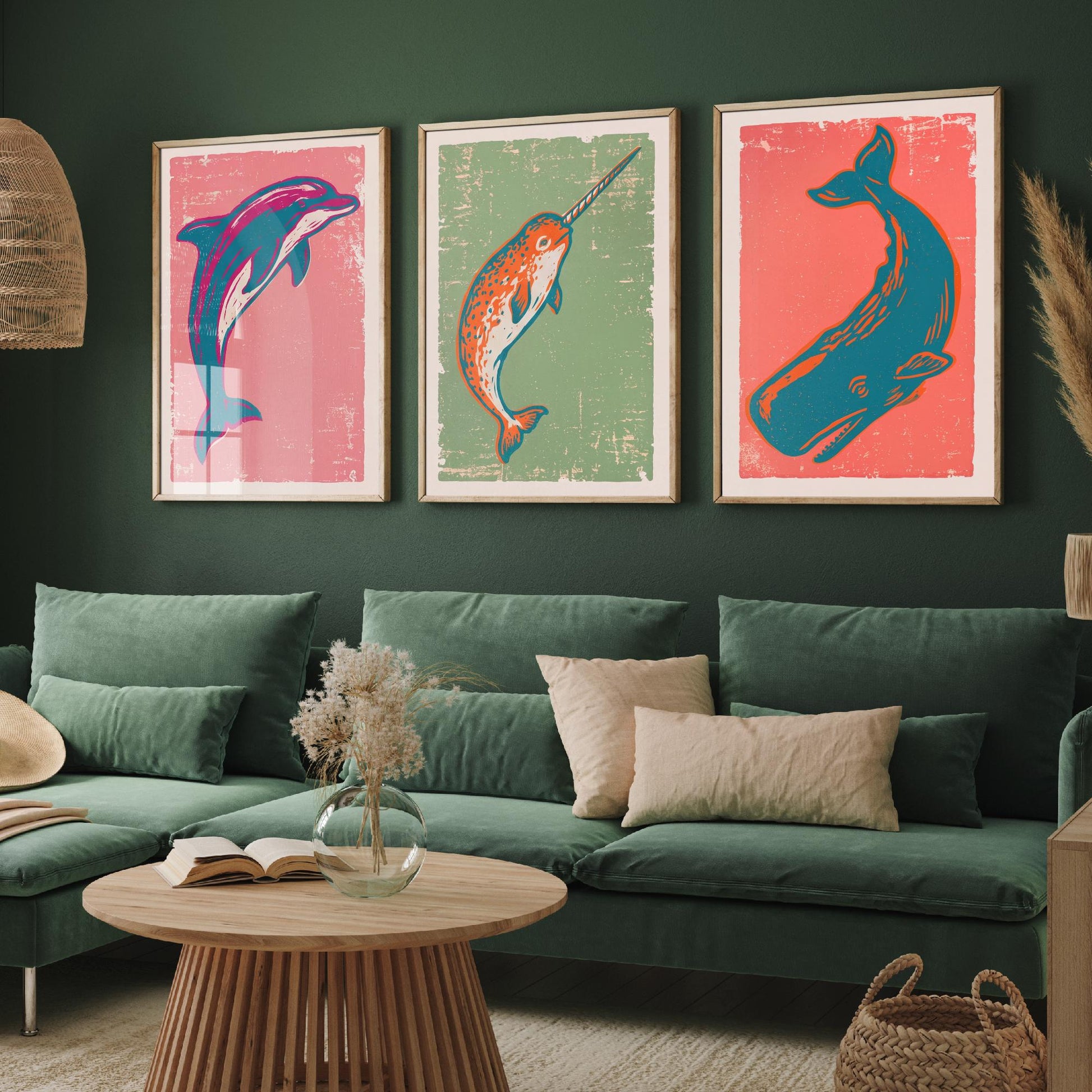 Dolphin, Narwhal & Sperm Whale Set of Three Art Prints - Linocut Ocean Illustrations - Sea Life Triptych Posters V2