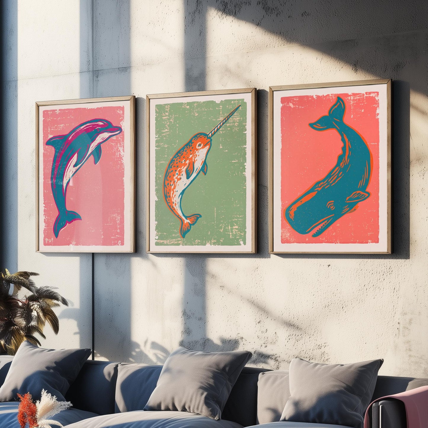 Dolphin, Narwhal & Sperm Whale Set of Three Art Prints - Linocut Ocean Illustrations - Sea Life Triptych Posters V2