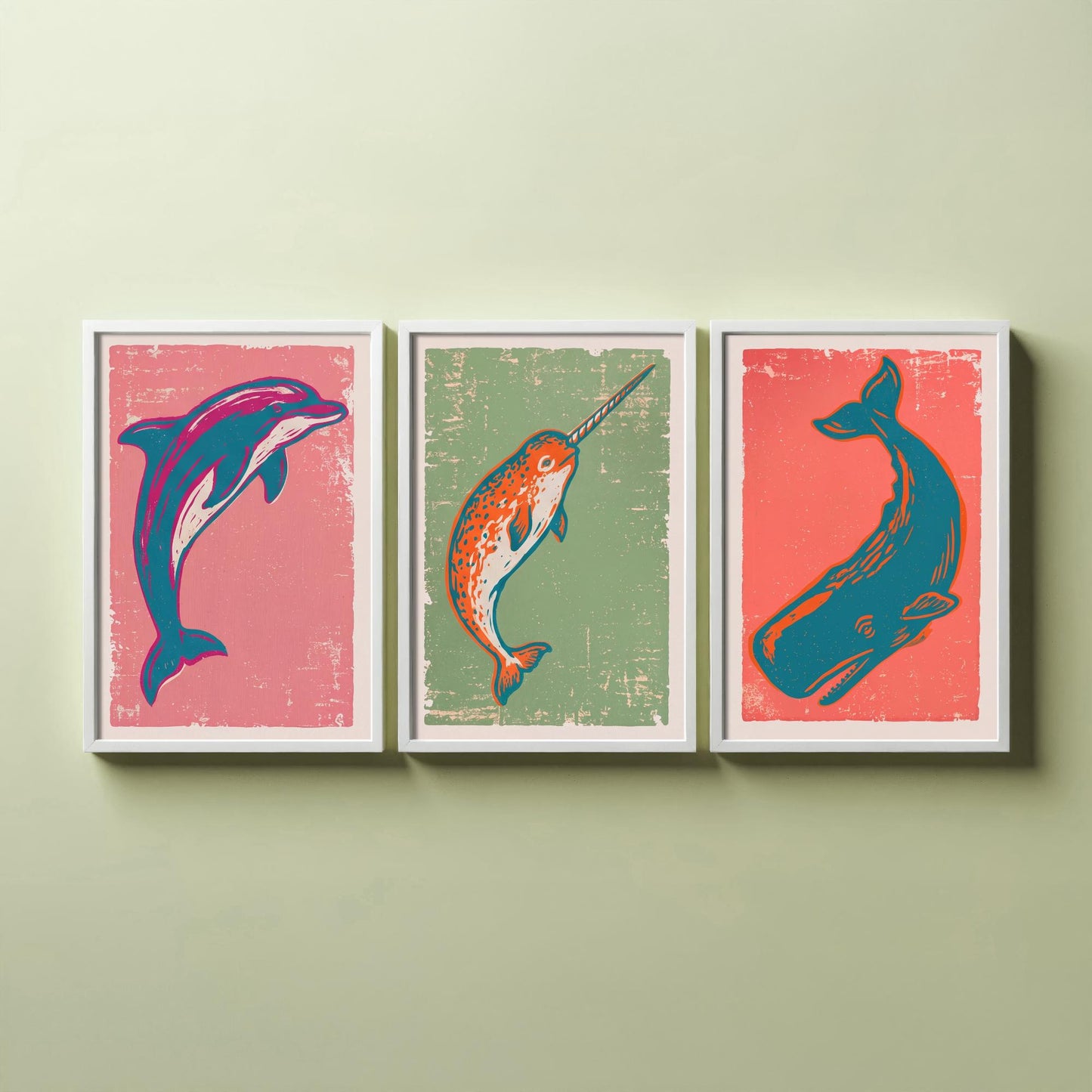 Dolphin, Narwhal & Sperm Whale Set of Three Art Prints - Linocut Ocean Illustrations - Sea Life Triptych Posters V2