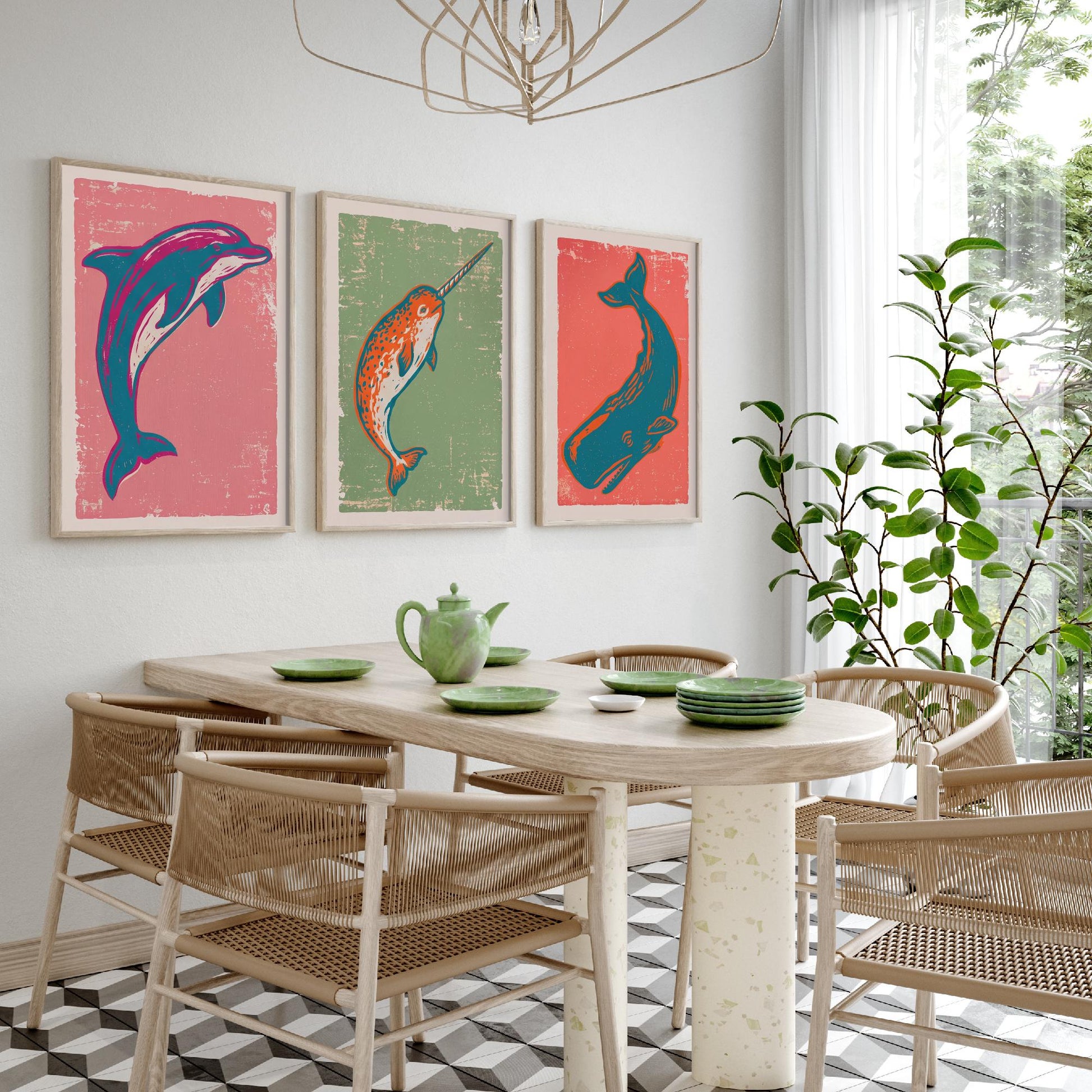 Dolphin, Narwhal & Sperm Whale Set of Three Art Prints - Linocut Ocean Illustrations - Sea Life Triptych Posters V2