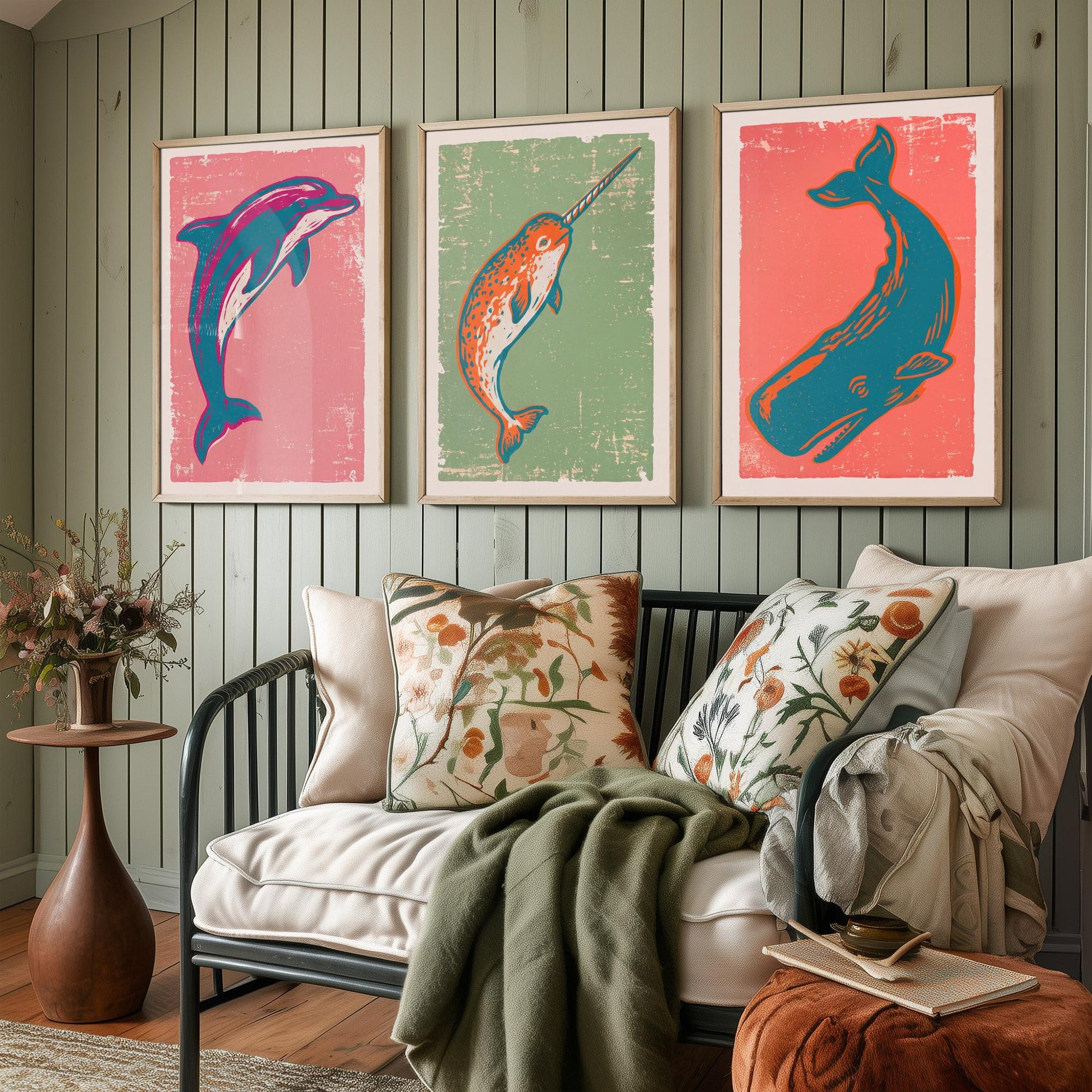 Dolphin, Narwhal & Sperm Whale Set of Three Art Prints - Linocut Ocean Illustrations - Sea Life Triptych Posters V2