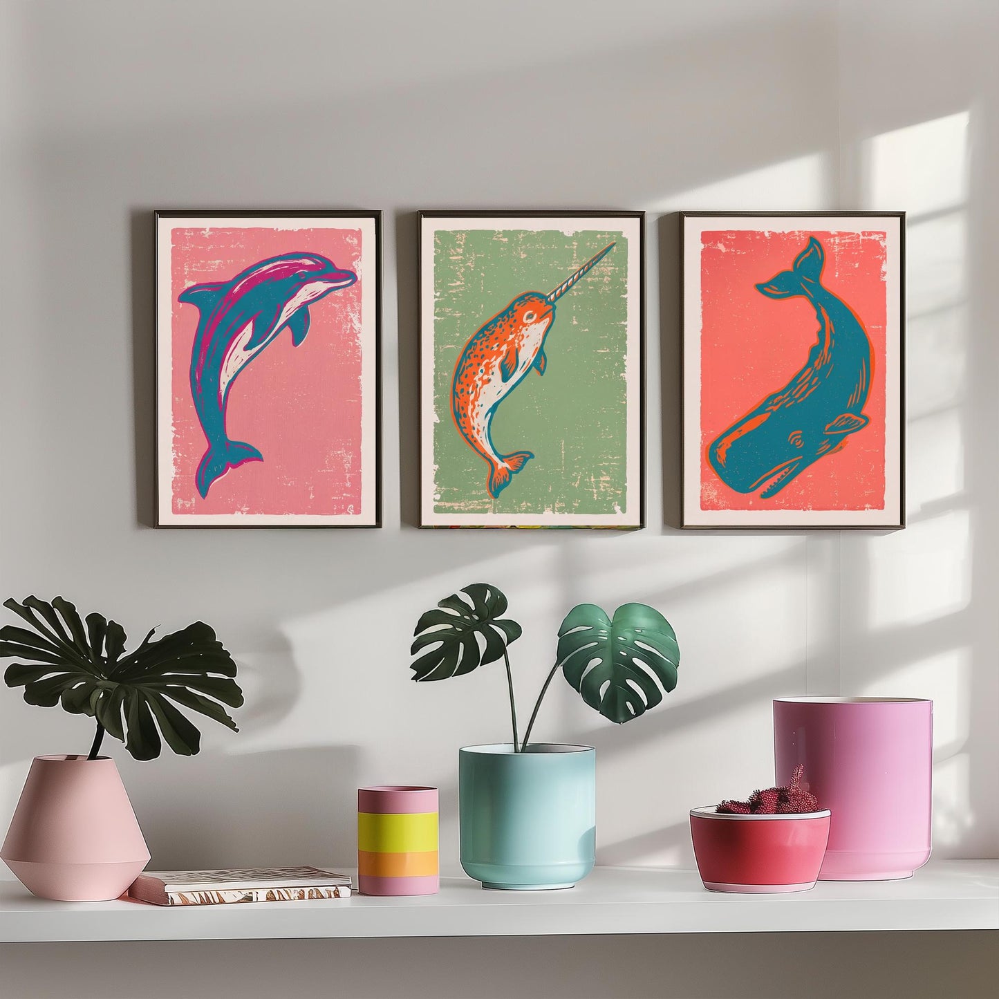 Dolphin, Narwhal & Sperm Whale Set of Three Art Prints - Linocut Ocean Illustrations - Sea Life Triptych Posters V2