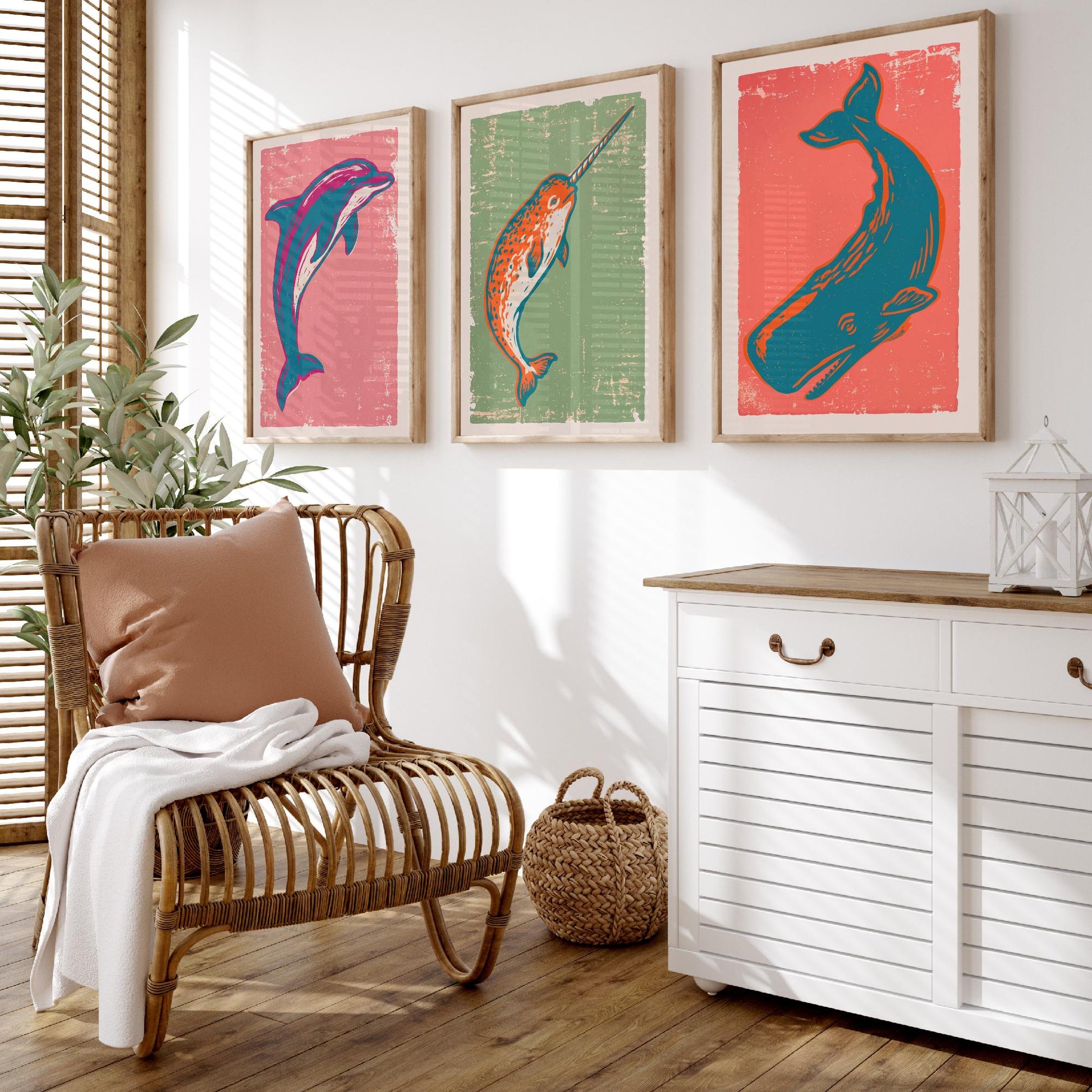 Dolphin, Narwhal & Sperm Whale Set of Three Art Prints - Linocut Ocean Illustrations - Sea Life Triptych Posters V2