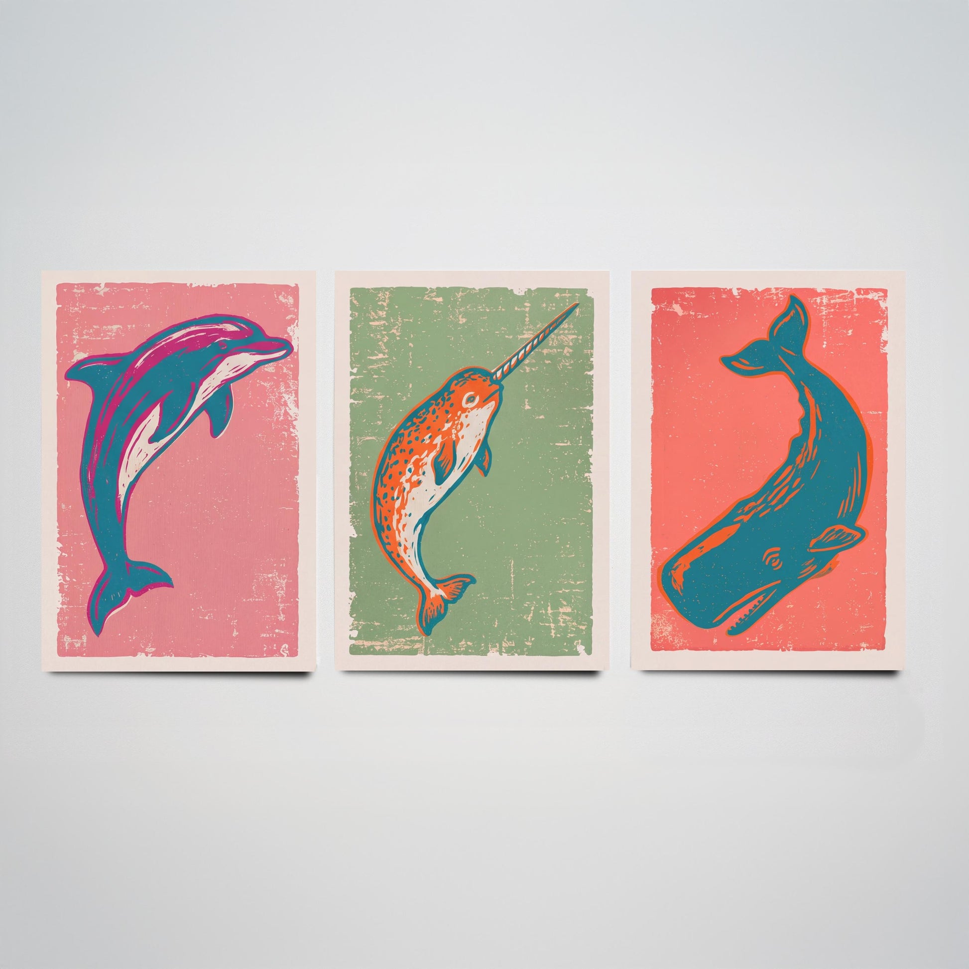 Dolphin, Narwhal & Sperm Whale Set of Three Art Prints - Linocut Ocean Illustrations - Sea Life Triptych Posters V2