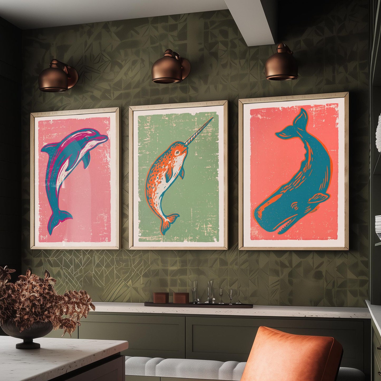 Dolphin, Narwhal & Sperm Whale Set of Three Art Prints - Linocut Ocean Illustrations - Sea Life Triptych Posters V2