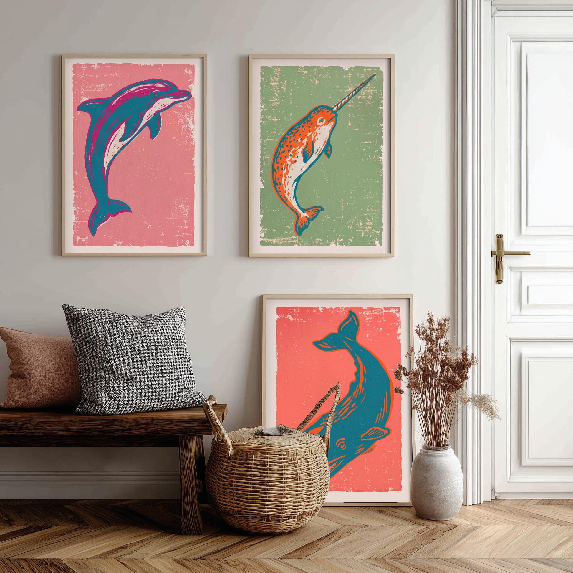 Dolphin, Narwhal & Sperm Whale Set of Three Art Prints - Linocut Ocean Illustrations - Sea Life Triptych Posters V2