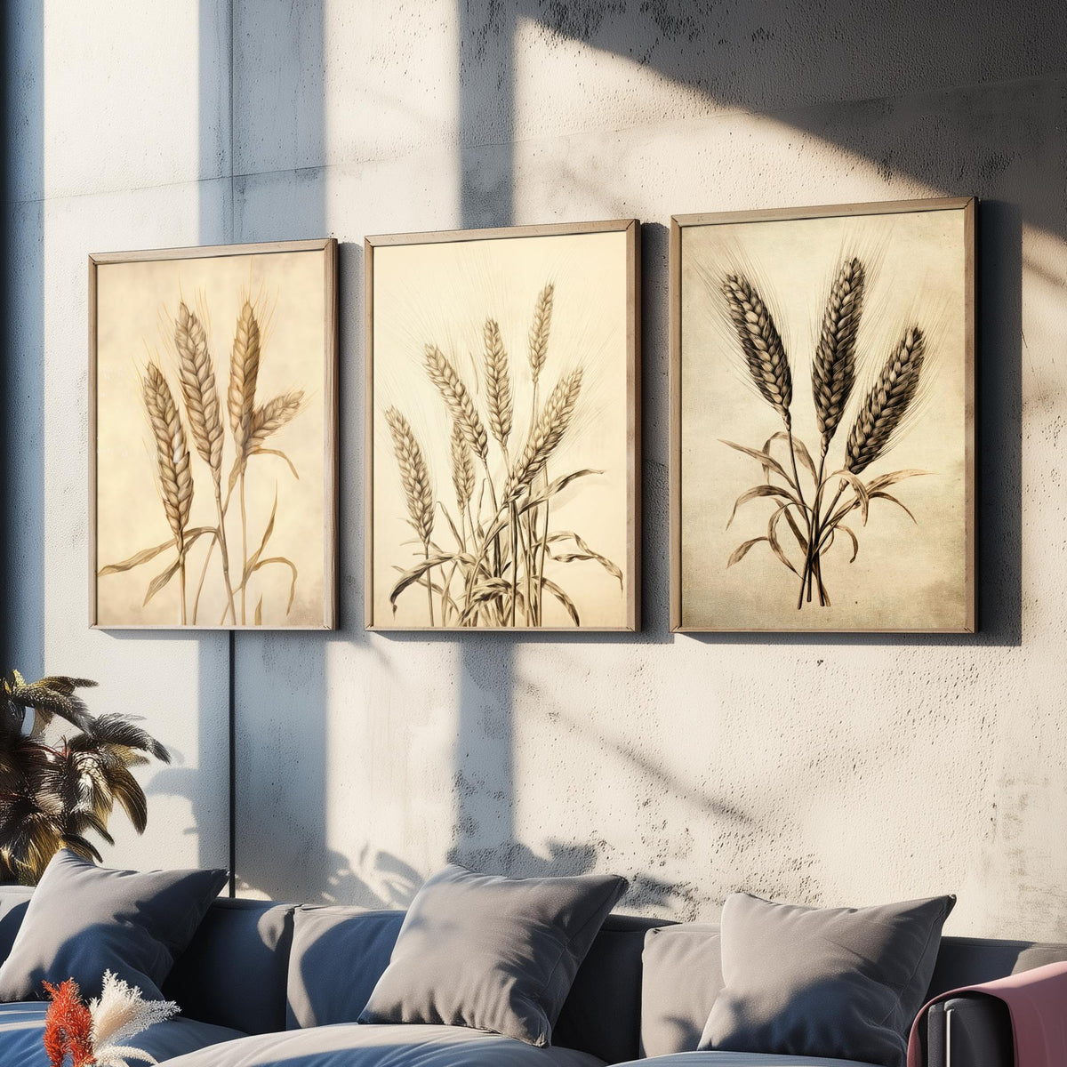 Wheat Ears Vintage Botanical Drawing Set of Three Art Prints - Sepia Grain Stalks and Harvest Sheaf - Farmhouse Kitchen Poster