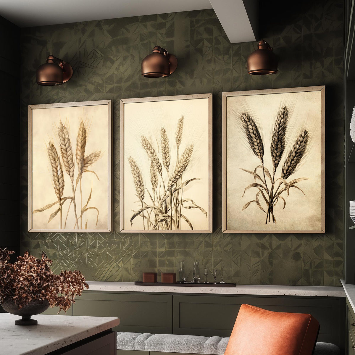 Wheat Ears Vintage Botanical Drawing Set of Three Art Prints - Sepia Grain Stalks and Harvest Sheaf - Farmhouse Kitchen Poster