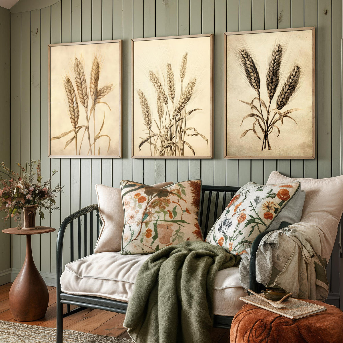 Wheat Ears Vintage Botanical Drawing Set of Three Art Prints - Sepia Grain Stalks and Harvest Sheaf - Farmhouse Kitchen Poster
