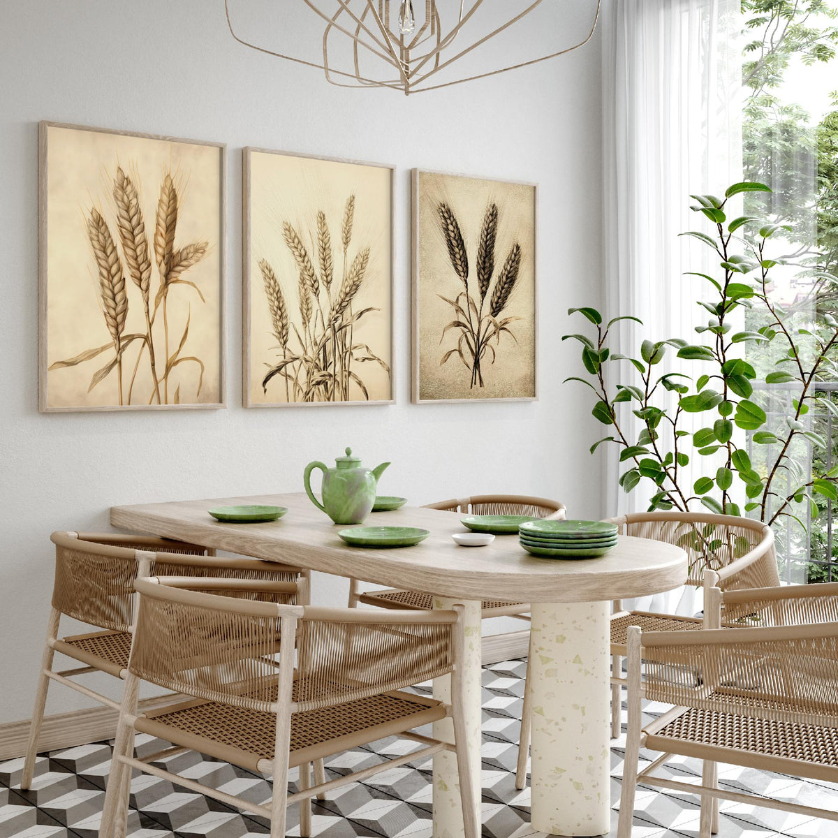 Wheat Ears Vintage Botanical Drawing Set of Three Art Prints - Sepia Grain Stalks and Harvest Sheaf - Farmhouse Kitchen Poster