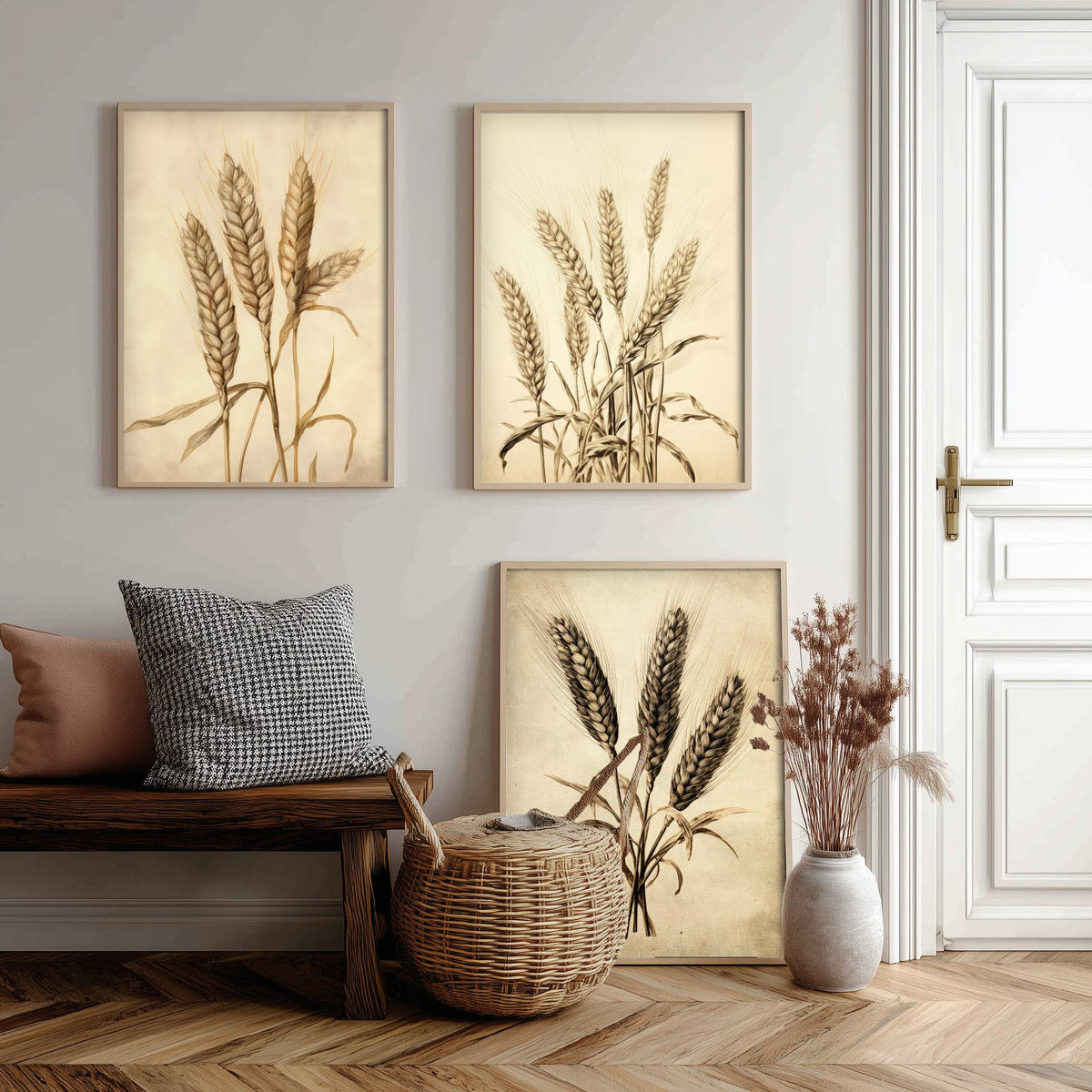 Wheat Ears Vintage Botanical Drawing Set of Three Art Prints - Sepia Grain Stalks and Harvest Sheaf - Farmhouse Kitchen Poster