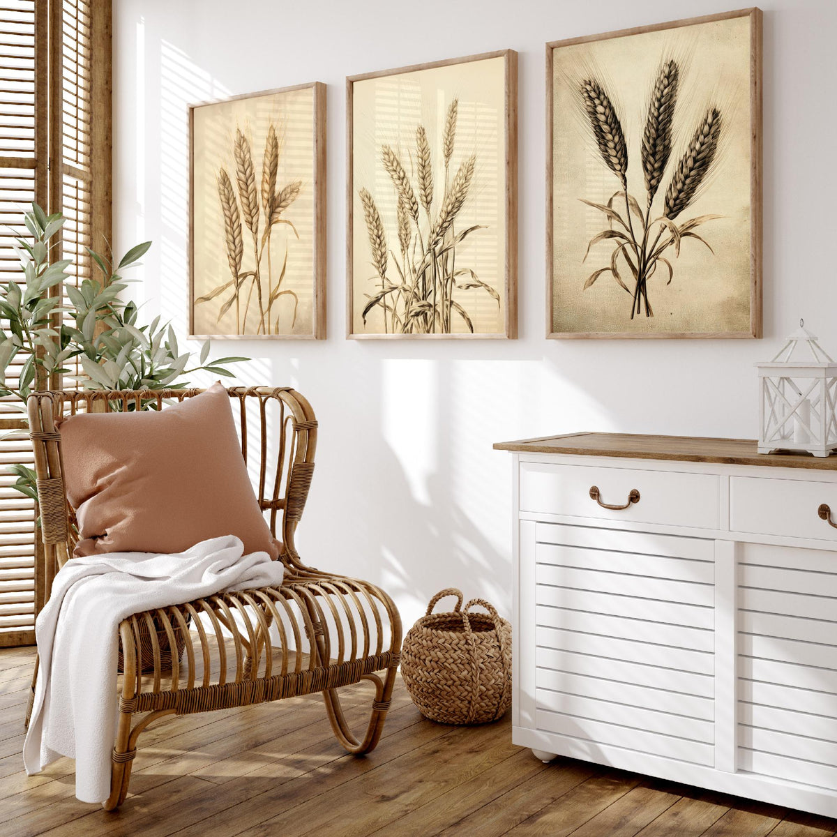 Wheat Ears Vintage Botanical Drawing Set of Three Art Prints - Sepia Grain Stalks and Harvest Sheaf - Farmhouse Kitchen Poster