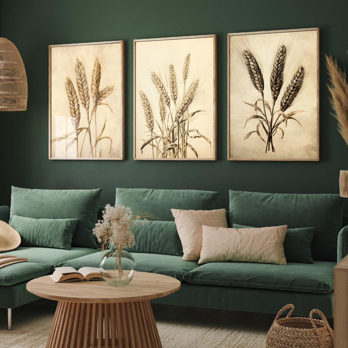 Wheat Ears Vintage Botanical Drawing Set of Three Art Prints - Sepia Grain Stalks and Harvest Sheaf - Farmhouse Kitchen Poster