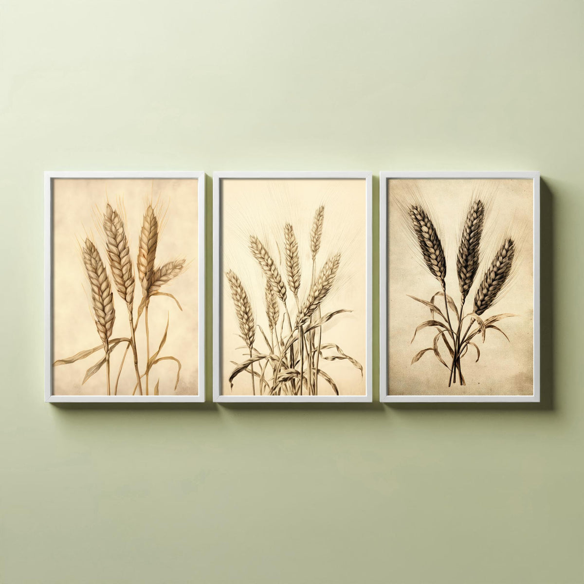 Wheat Ears Vintage Botanical Drawing Set of Three Art Prints - Sepia Grain Stalks and Harvest Sheaf - Farmhouse Kitchen Poster