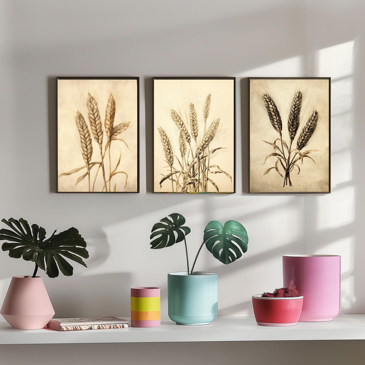 Wheat Ears Vintage Botanical Drawing Set of Three Art Prints - Sepia Grain Stalks and Harvest Sheaf - Farmhouse Kitchen Poster