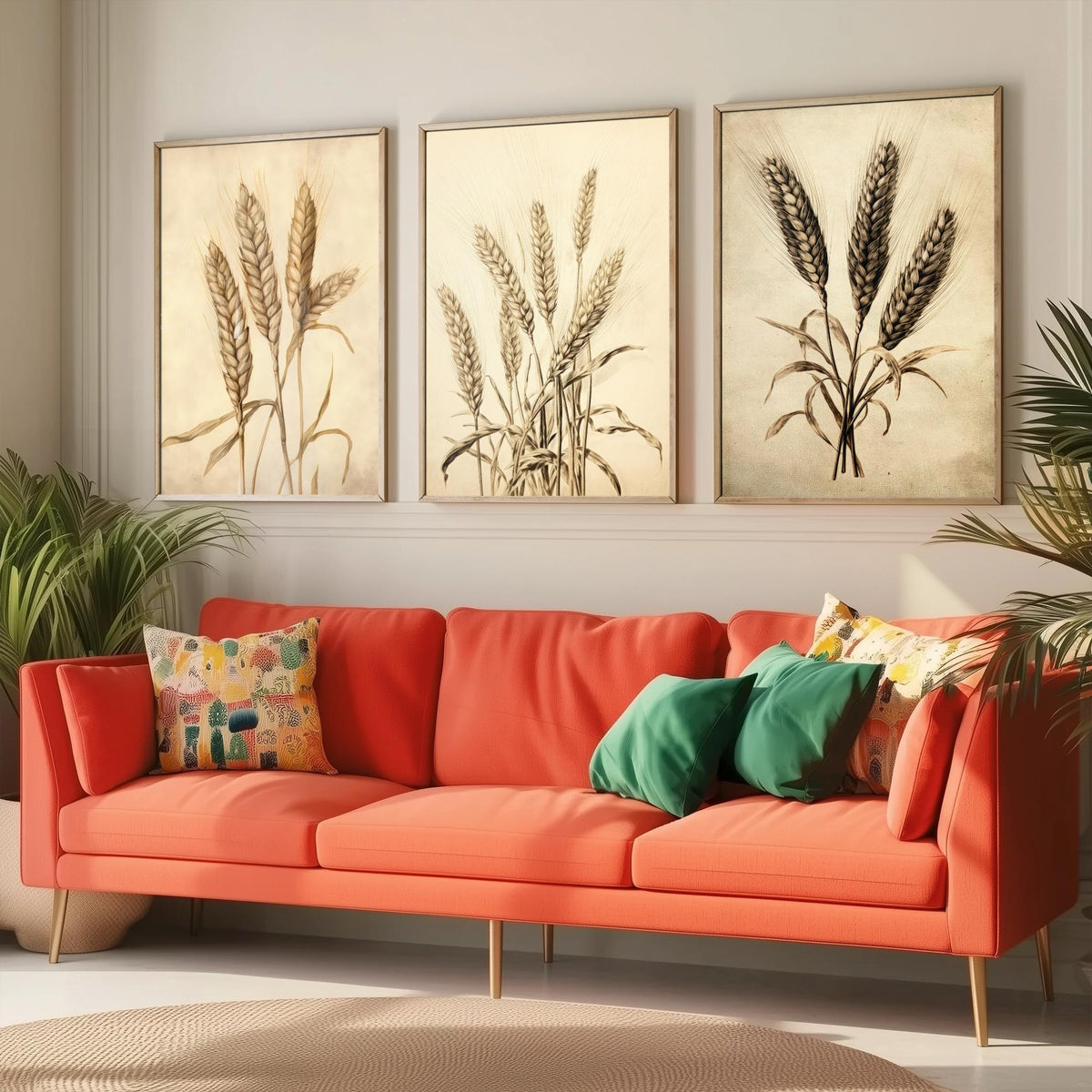 Wheat Ears Vintage Botanical Drawing Set of Three Art Prints - Sepia Grain Stalks and Harvest Sheaf - Farmhouse Kitchen Poster