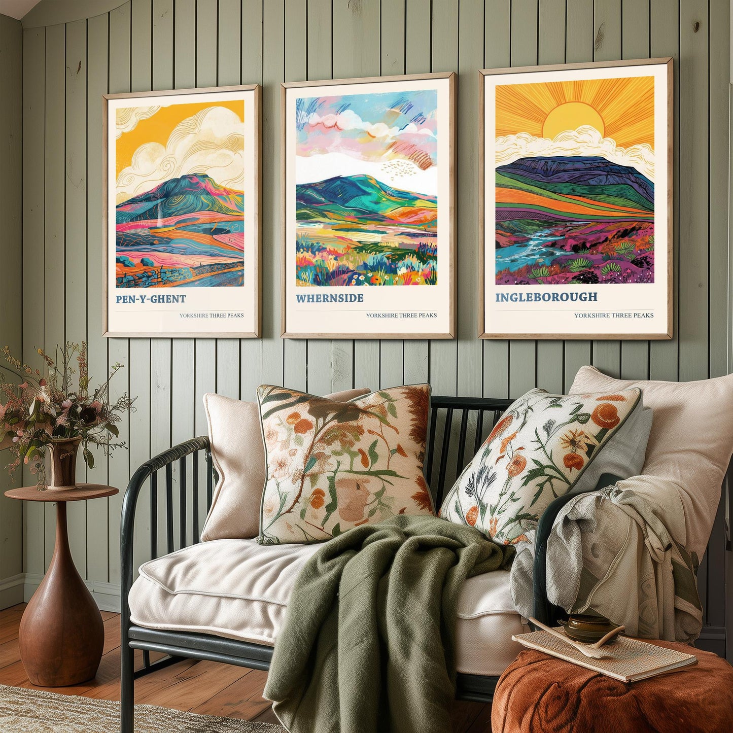 Yorkshire Three Peaks Set of Three Art Prints | Whernside Pen y Ghent Ingleborough Map Illustration Poster V2