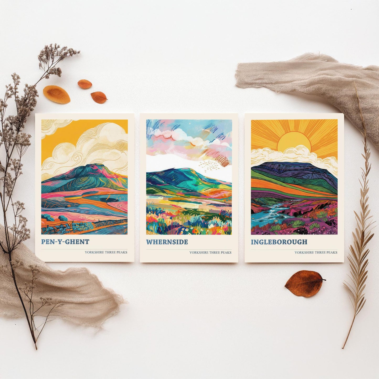 Yorkshire Three Peaks Set of Three Art Prints | Whernside Pen y Ghent Ingleborough Map Illustration Poster V2