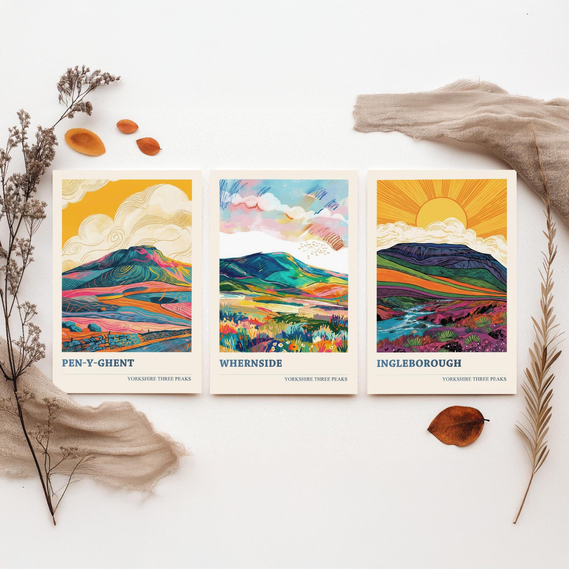 Yorkshire Three Peaks Set of Three Art Prints | Whernside Pen y Ghent Ingleborough Map Illustration Poster V2
