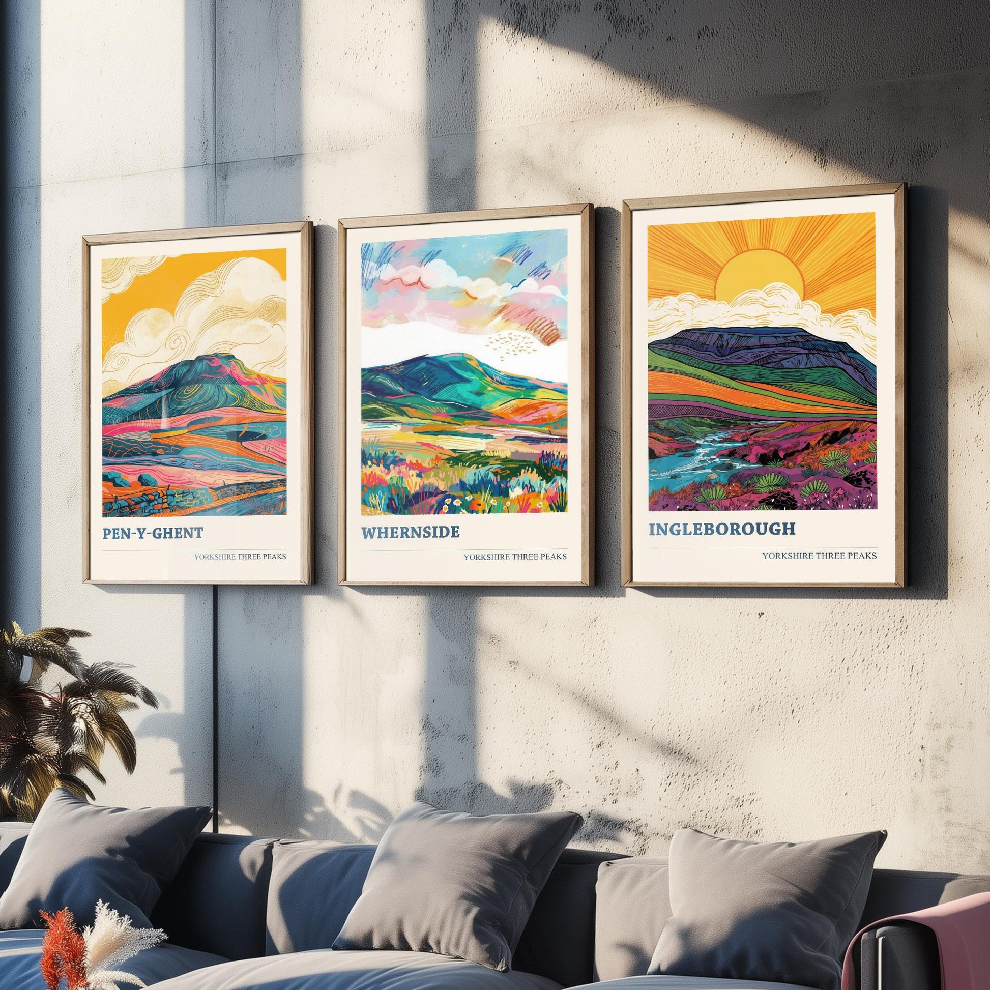 Yorkshire Three Peaks Set of Three Art Prints | Whernside Pen y Ghent Ingleborough Map Illustration Poster V2