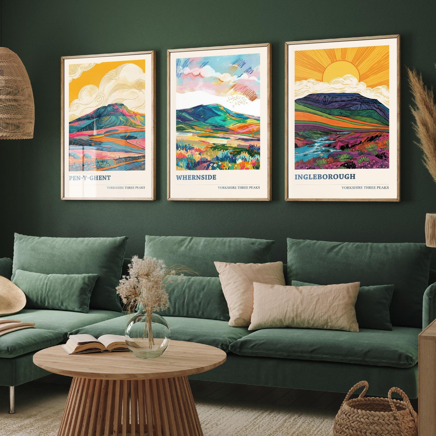Yorkshire Three Peaks Set of Three Art Prints | Whernside Pen y Ghent Ingleborough Map Illustration Poster V2