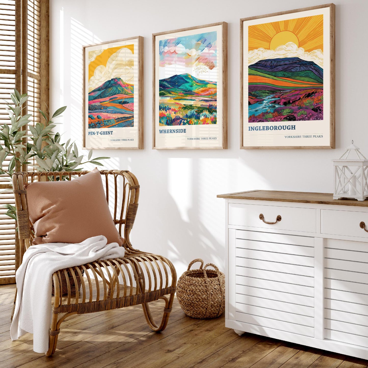 Yorkshire Three Peaks Set of Three Art Prints | Whernside Pen y Ghent Ingleborough Map Illustration Poster V2