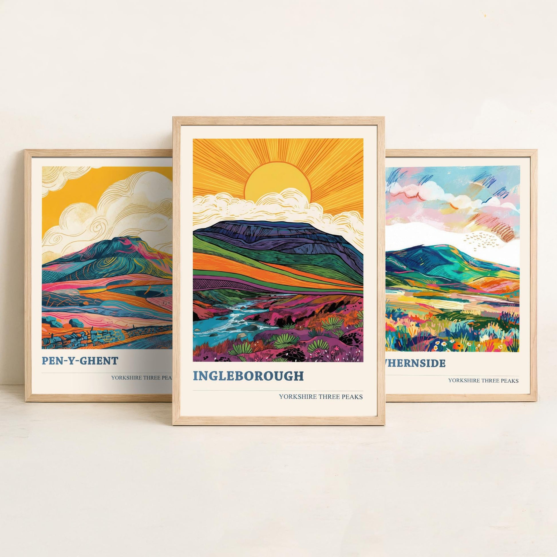 Yorkshire Three Peaks Set of Three Art Prints | Whernside Pen y Ghent Ingleborough Map Illustration Poster V2