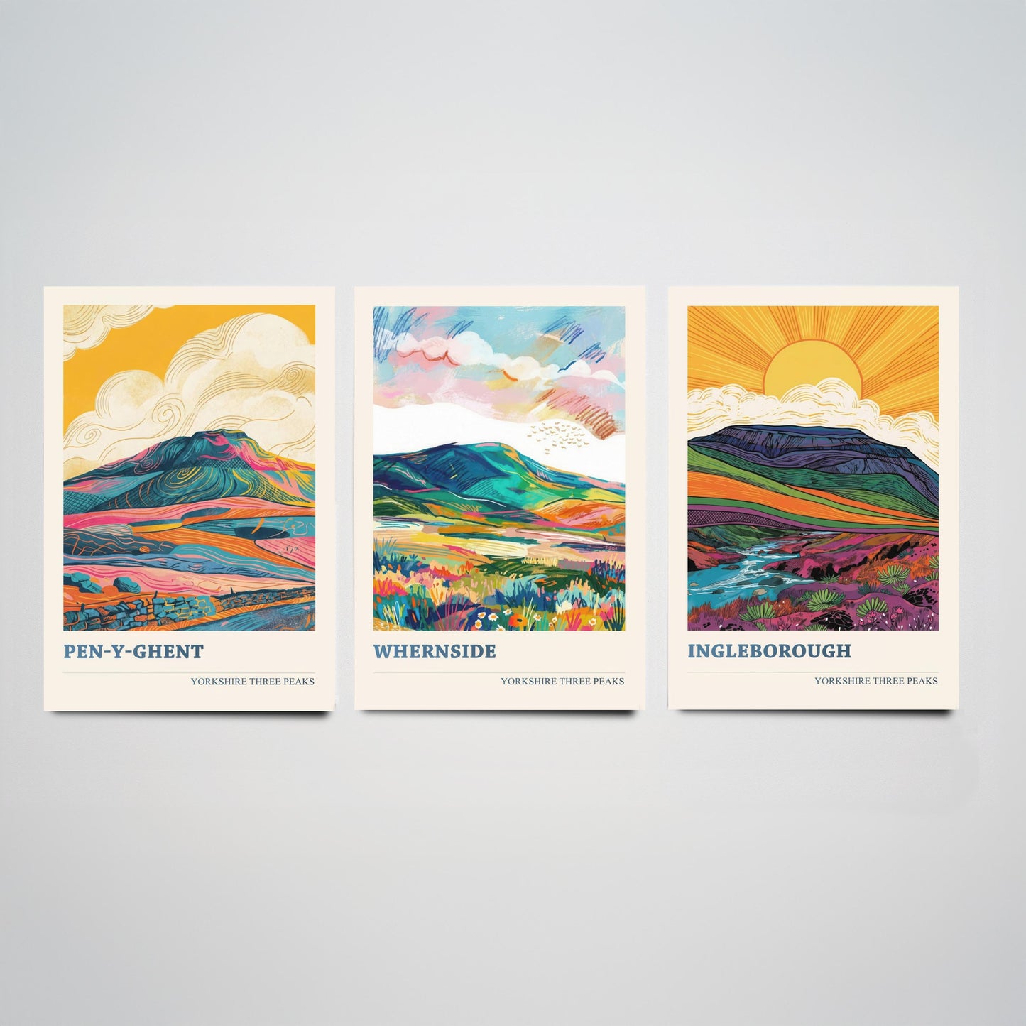 Yorkshire Three Peaks Set of Three Art Prints | Whernside Pen y Ghent Ingleborough Map Illustration Poster V2