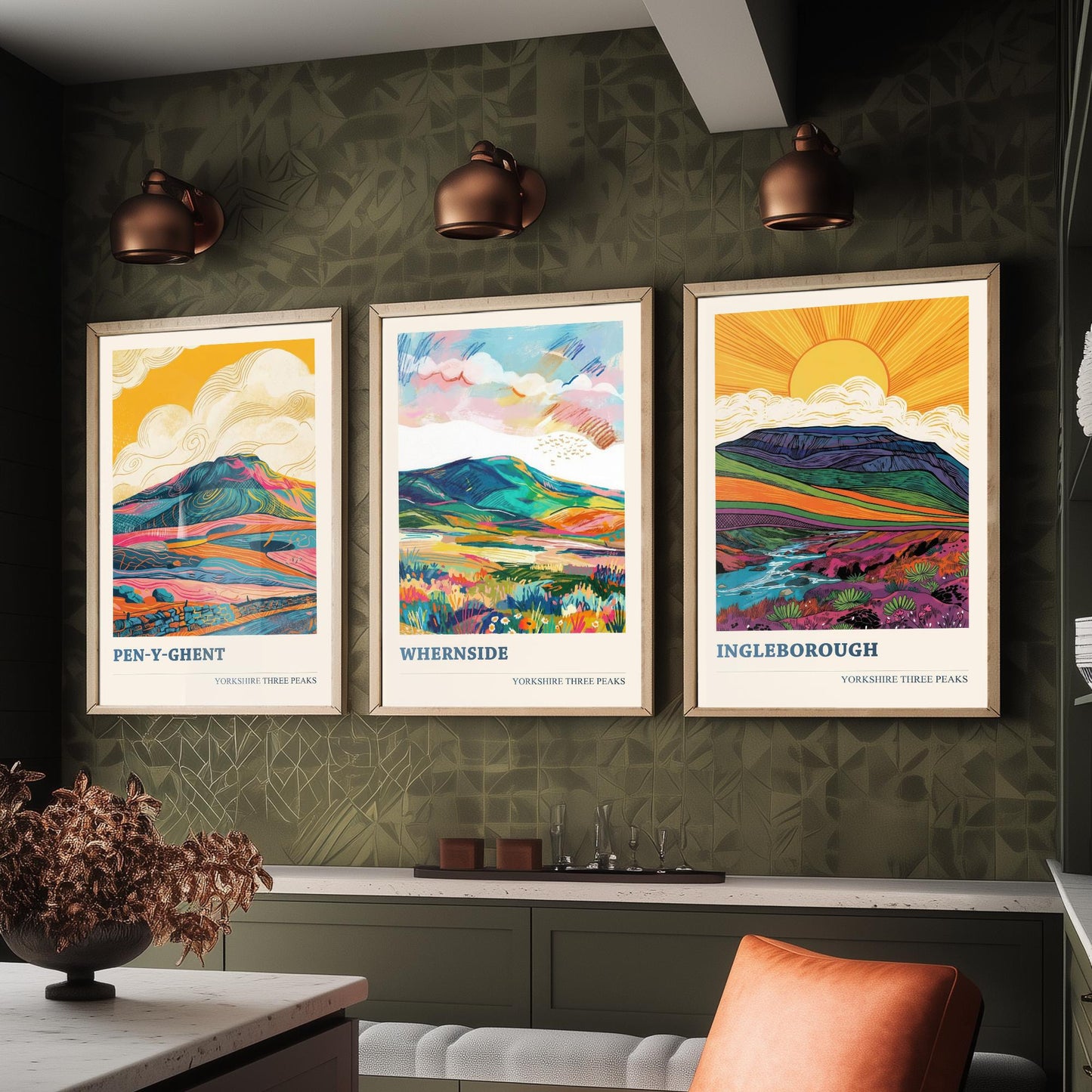 Yorkshire Three Peaks Set of Three Art Prints | Whernside Pen y Ghent Ingleborough Map Illustration Poster V2