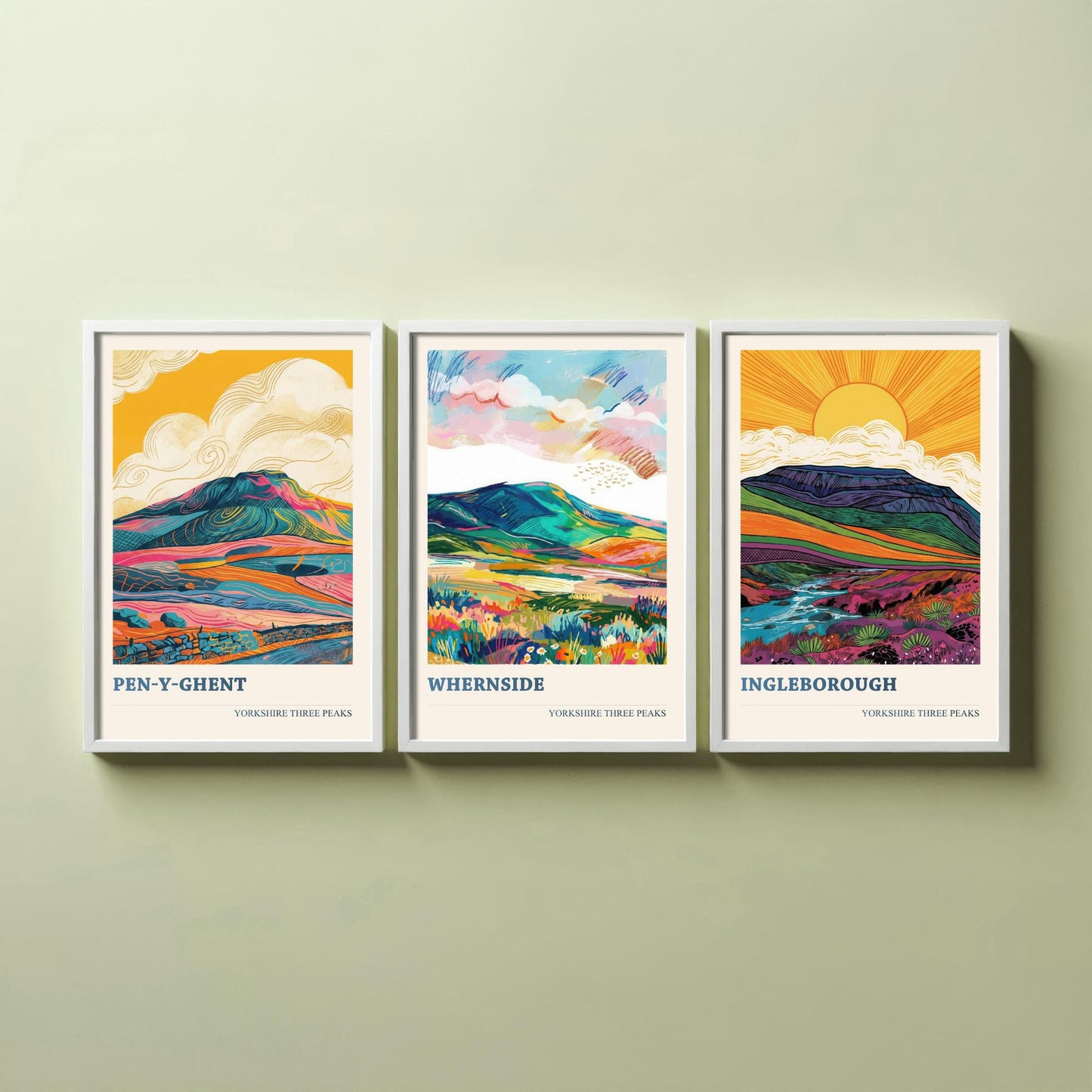 Yorkshire Three Peaks Set of Three Art Prints | Whernside Pen y Ghent Ingleborough Map Illustration Poster V2