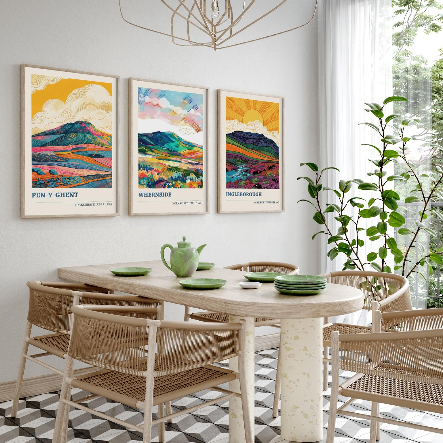 Yorkshire Three Peaks Set of Three Art Prints | Whernside Pen y Ghent Ingleborough Map Illustration Poster V2