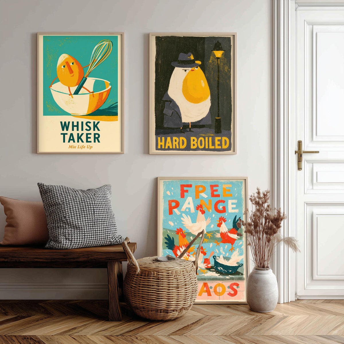 Which Came First Set of Three Art Prints - Whisk Taker, Hard Boiled, Free Range Chaos - Funny Egg Pun Kitchen Posters Illustration