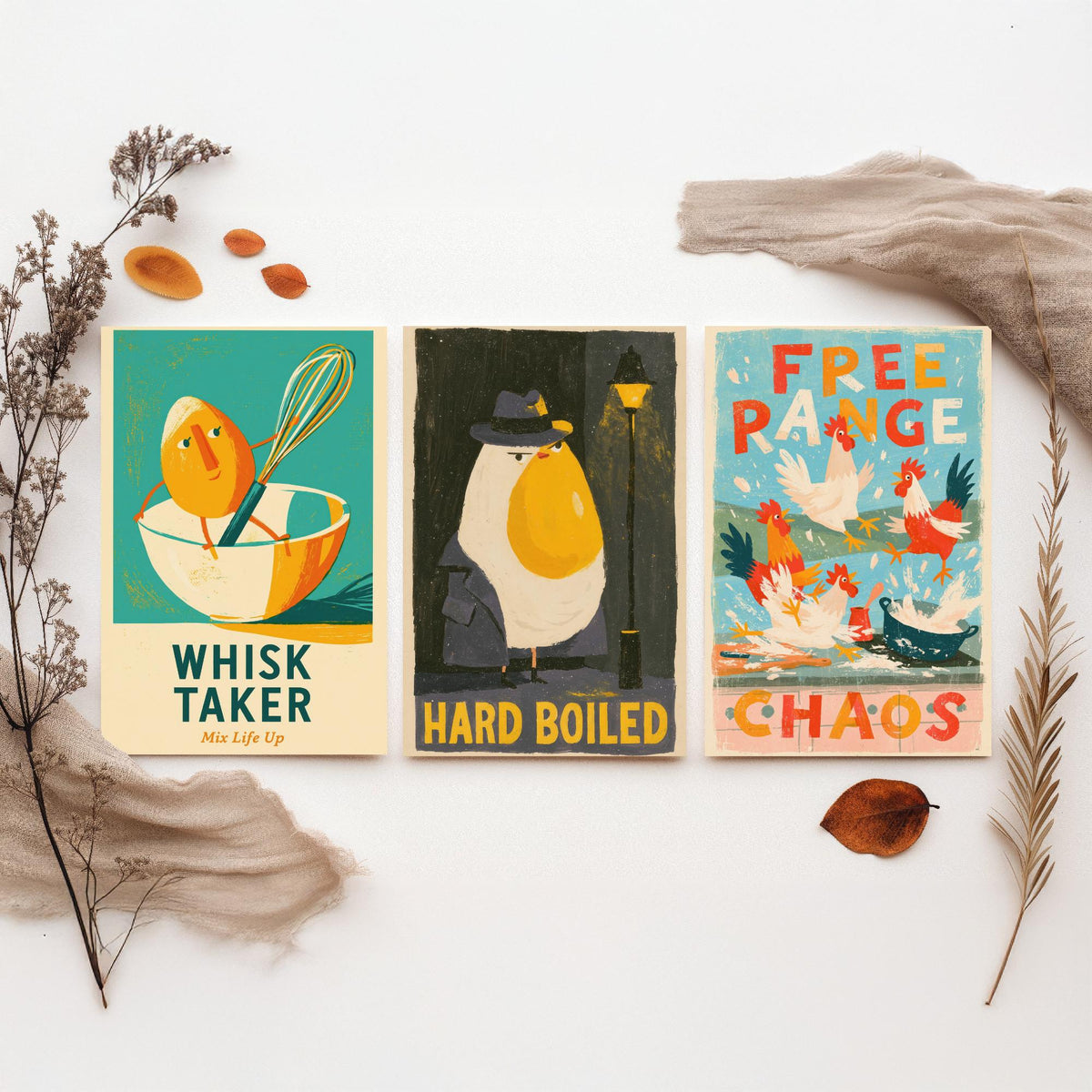 Which Came First Set of Three Art Prints - Whisk Taker, Hard Boiled, Free Range Chaos - Funny Egg Pun Kitchen Posters Illustration