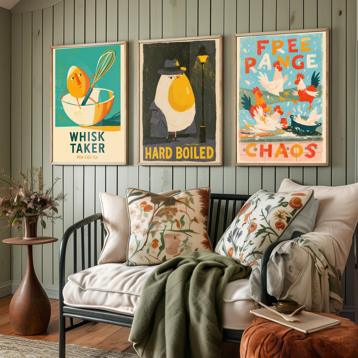 Which Came First Set of Three Art Prints - Whisk Taker, Hard Boiled, Free Range Chaos - Funny Egg Pun Kitchen Posters Illustration