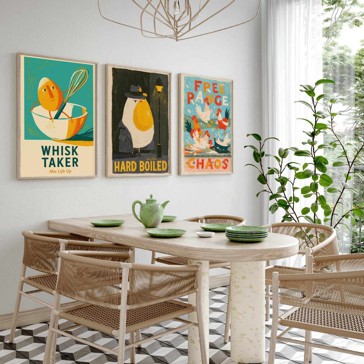 Which Came First Set of Three Art Prints - Whisk Taker, Hard Boiled, Free Range Chaos - Funny Egg Pun Kitchen Posters Illustration