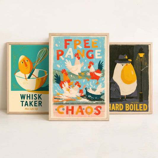 Which Came First Set of Three Art Prints - Whisk Taker, Hard Boiled, Free Range Chaos - Funny Egg Pun Kitchen Posters Illustration