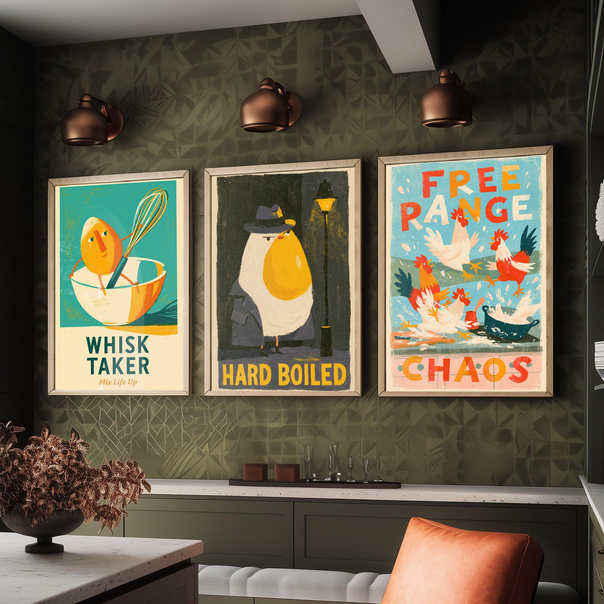 Which Came First Set of Three Art Prints - Whisk Taker, Hard Boiled, Free Range Chaos - Funny Egg Pun Kitchen Posters Illustration