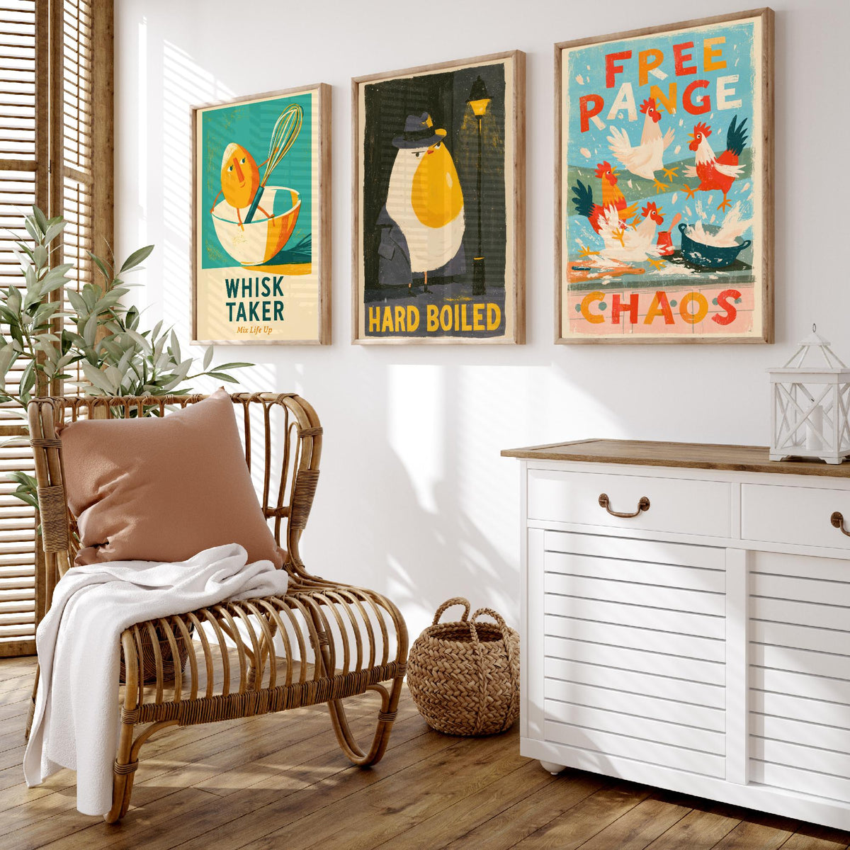 Which Came First Set of Three Art Prints - Whisk Taker, Hard Boiled, Free Range Chaos - Funny Egg Pun Kitchen Posters Illustration
