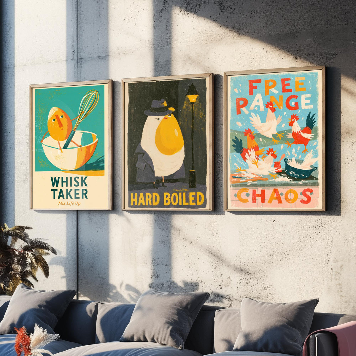 Which Came First Set of Three Art Prints - Whisk Taker, Hard Boiled, Free Range Chaos - Funny Egg Pun Kitchen Posters Illustration