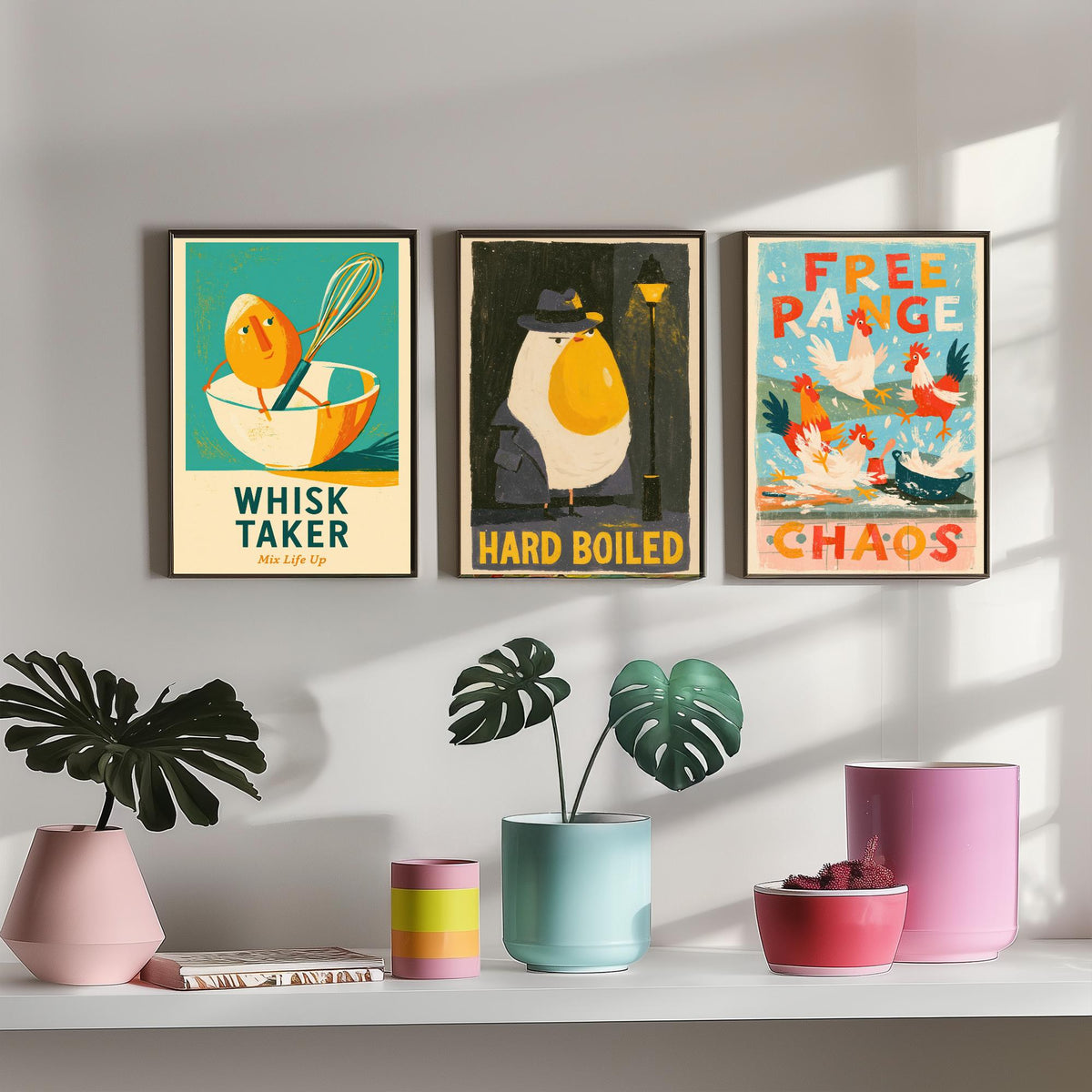 Which Came First Set of Three Art Prints - Whisk Taker, Hard Boiled, Free Range Chaos - Funny Egg Pun Kitchen Posters Illustration