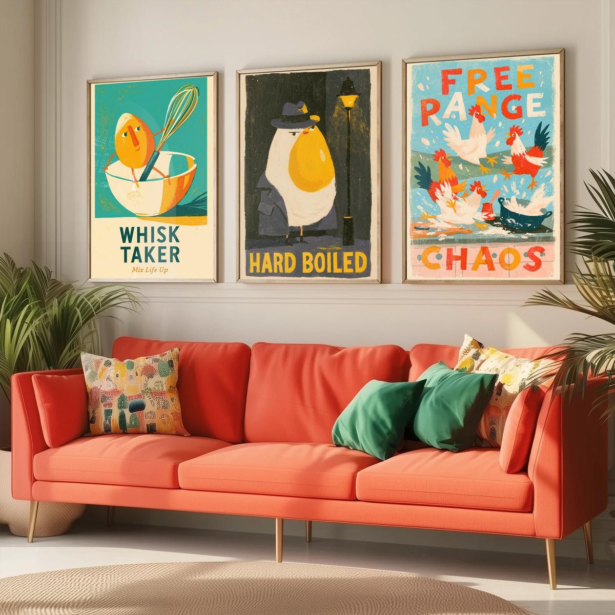 Which Came First Set of Three Art Prints - Whisk Taker, Hard Boiled, Free Range Chaos - Funny Egg Pun Kitchen Posters Illustration
