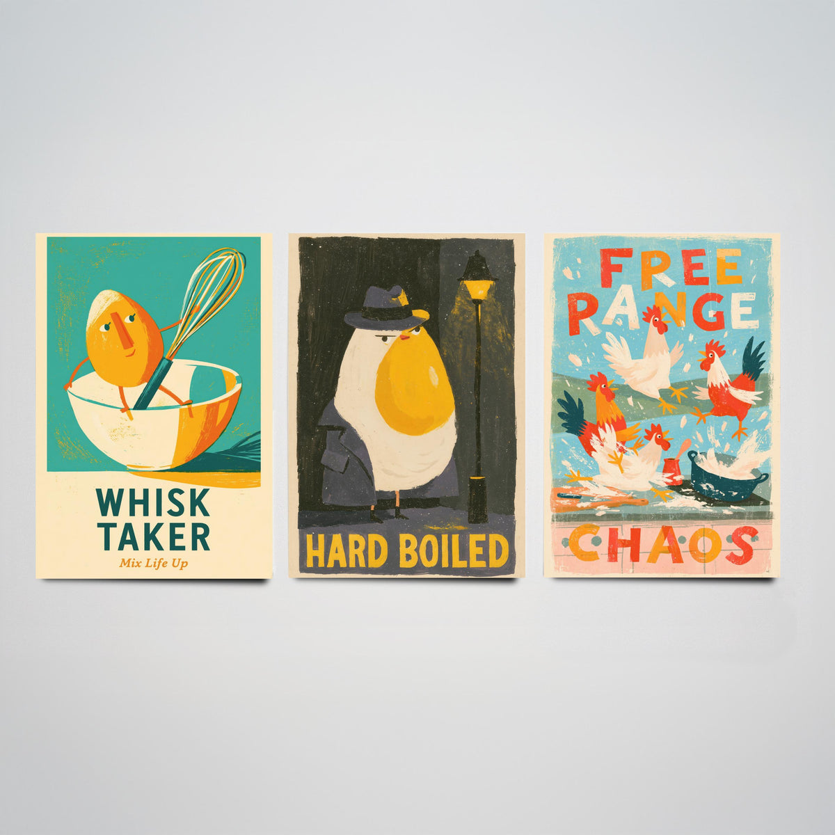 Which Came First Set of Three Art Prints - Whisk Taker, Hard Boiled, Free Range Chaos - Funny Egg Pun Kitchen Posters Illustration
