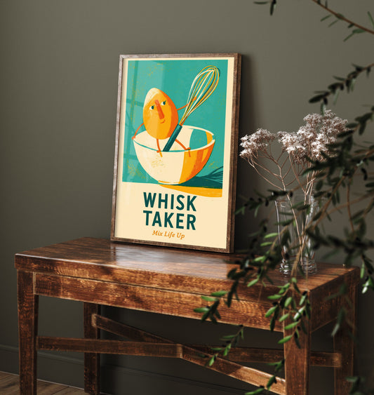Whisk Taker Art Print - Egg and Whisk Pun Poster - Painterly Baking Illustration V1