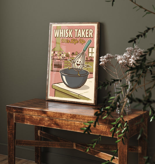 Whisk Taker Art Print - Retro Whisk Cartoon Poster - Mid Century Baking Pun Illustration V2