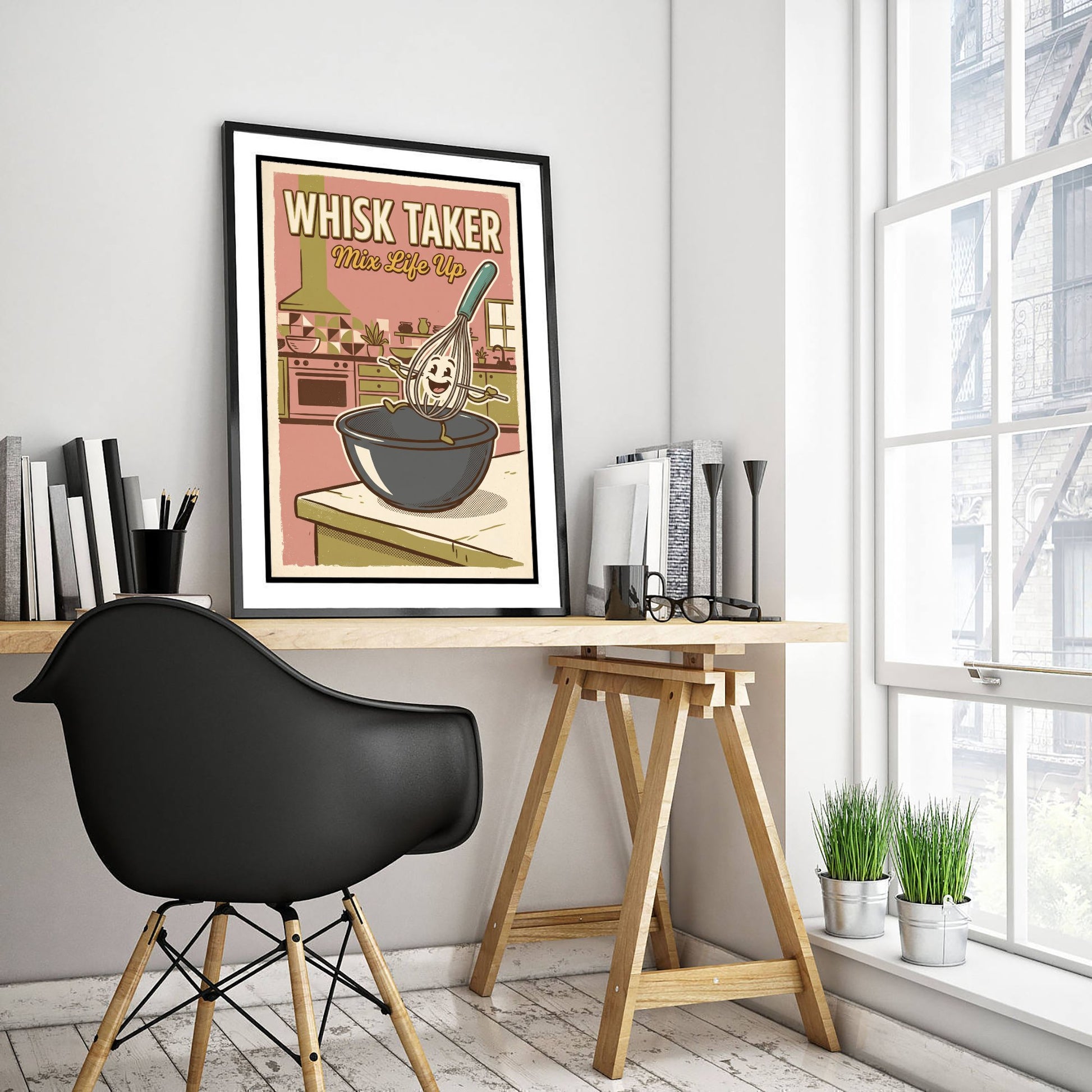 Whisk Taker Art Print - Retro Whisk Cartoon Poster - Mid Century Baking Pun Illustration V2