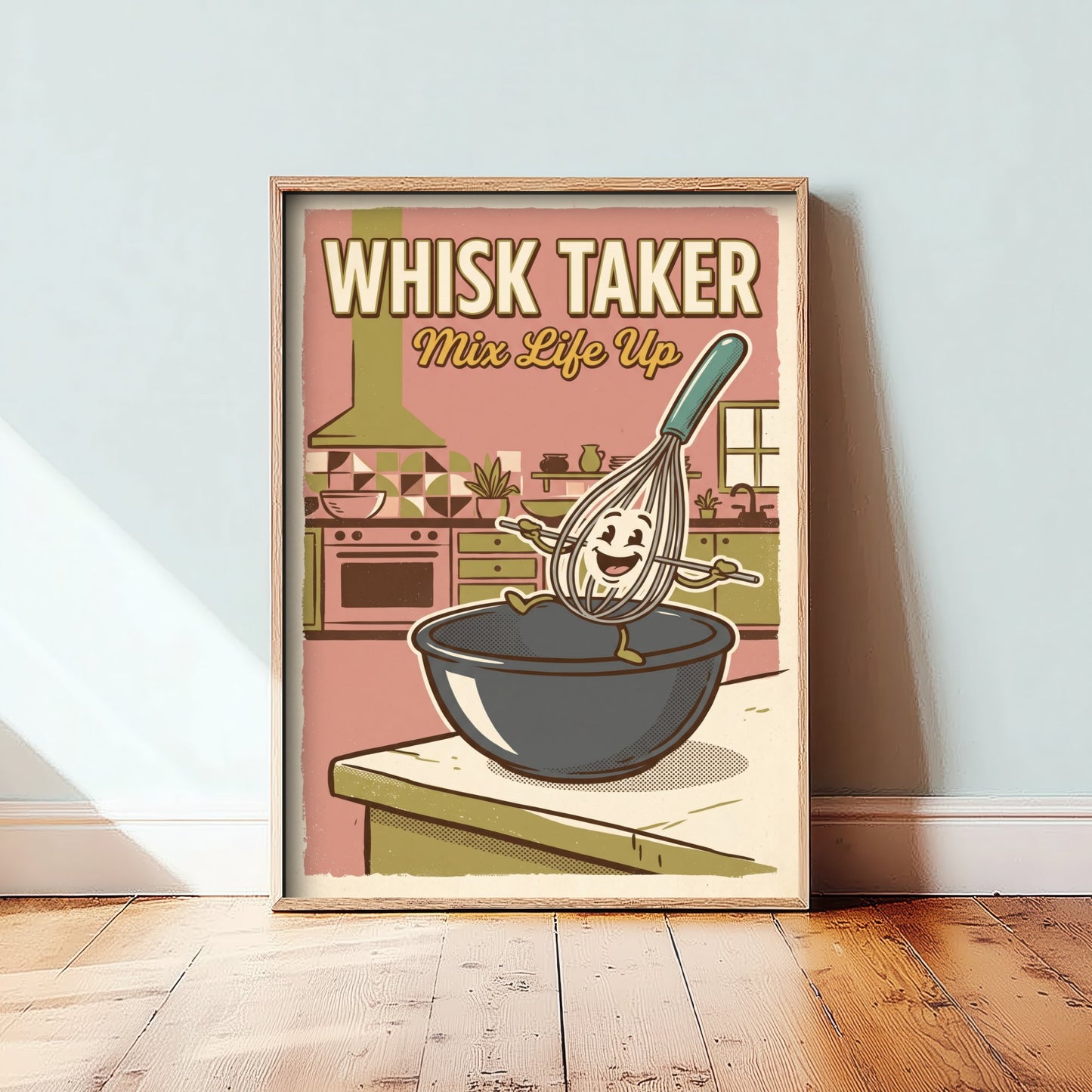 Whisk Taker Art Print - Retro Whisk Cartoon Poster - Mid Century Baking Pun Illustration V2